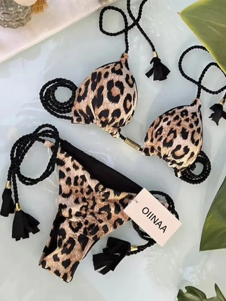 Swimsuit Women Bikinis Set Sexy Drawstring Bikini Beachwear Leopard Two-pieces Swimwear Bathing Suit Lace Up Bikini Set