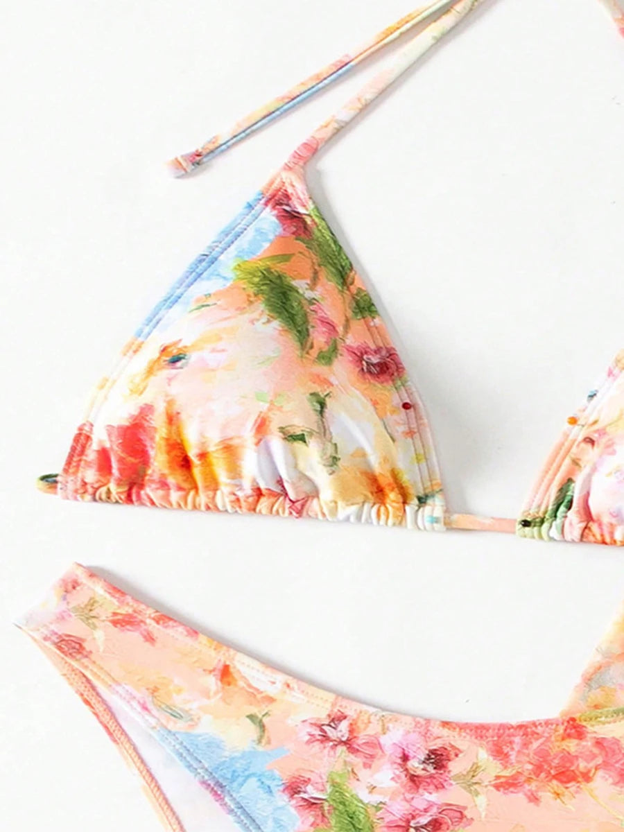 2025 Women's Summer Bikini 4 Pcs Set Floral Print Halter Bra with Low Waist Thong Long Sleeve Crop Tops Skirt Swimsuit