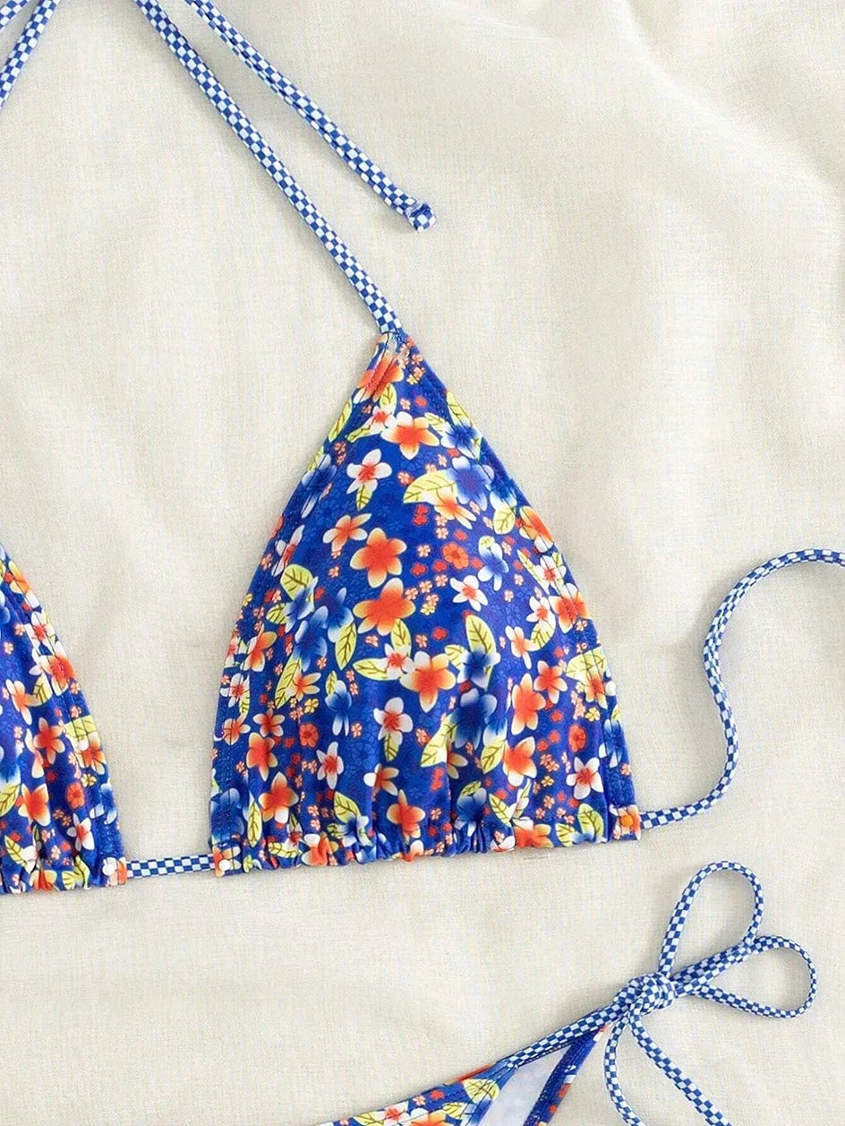 Swimsuit 2025 Female Micro Bikini Women Swimwear Summer Beachwear Women's Bathing Suit Floral Print Neck Halter Thong Bikini Set