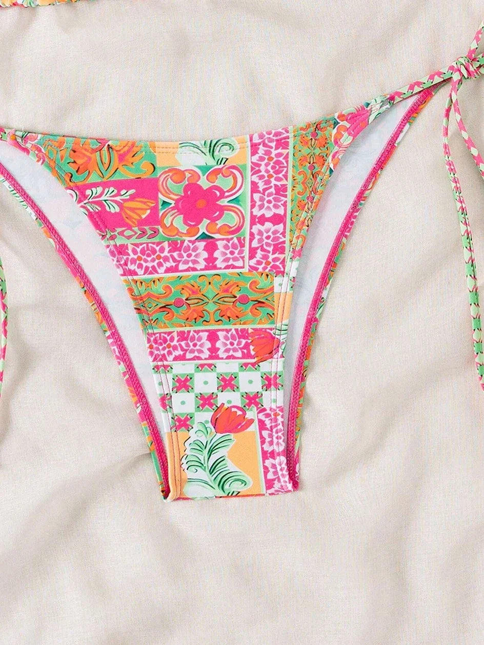 Swimsuit 2025 Female Micro Bikini Women Swimwear Summer Beachwear Women's Bathing Suit Floral Print Neck Halter Thong Bikini Set
