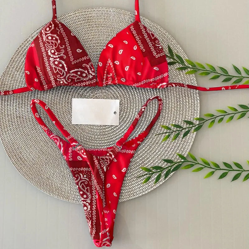 New Multicolor Printed Strap Split Swimsuit Sexy G-string Bikini