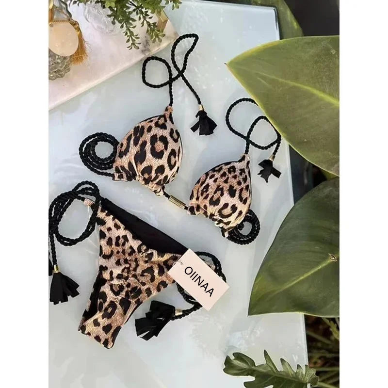 Swimsuit Women Bikinis Set Sexy Drawstring Bikini Beachwear Leopard Two-pieces Swimwear Bathing Suit Lace Up Bikini Set