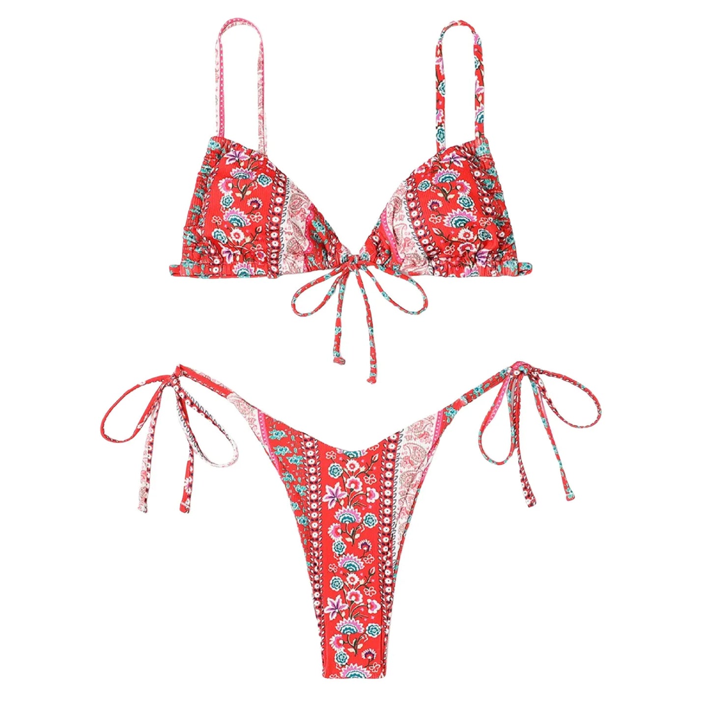 Sexy Bikini Suits Women Vintage Print Low Waist Thin Strap Lace Up Split Swimwear Women Adjustable Size Swim Suits Sexy Lingerie