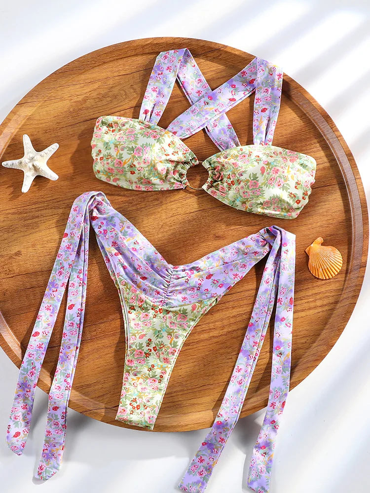 ZRTAK Triangle Lace Bikini Set Sexy Women's Swimwear 2025 Bikinis 3D Floral Print Swimsuit Micro Thong Bandage Bathing Suits