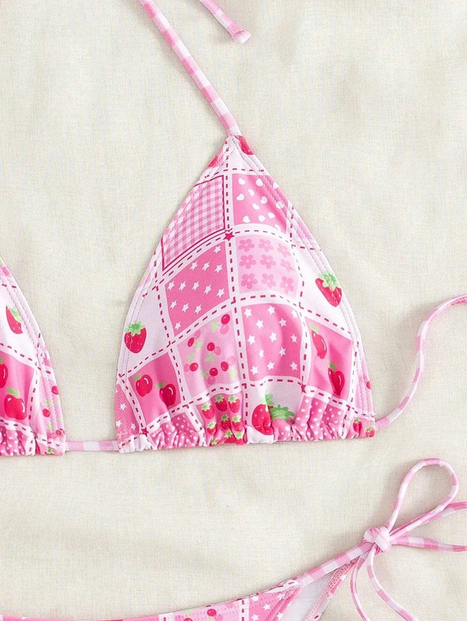 Swimsuit 2025 Female Micro Bikini Women Swimwear Summer Beachwear Women's Bathing Suit Floral Print Neck Halter Thong Bikini Set