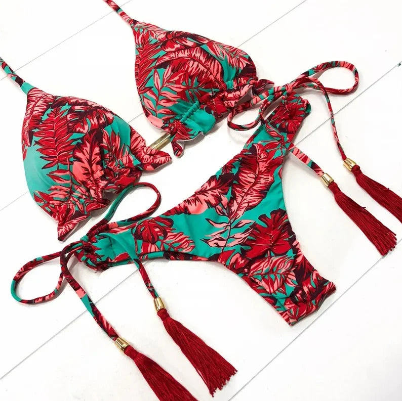 brazilian lace up push up bikini set micro swimwear designer tassels swimsuit beachwear outfit bathing suit women