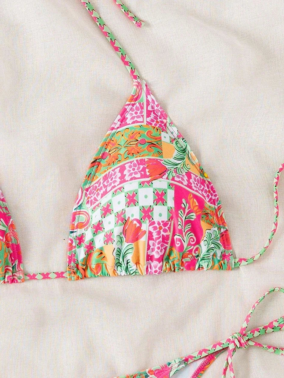 Swimsuit 2025 Female Micro Bikini Women Swimwear Summer Beachwear Women's Bathing Suit Floral Print Neck Halter Thong Bikini Set