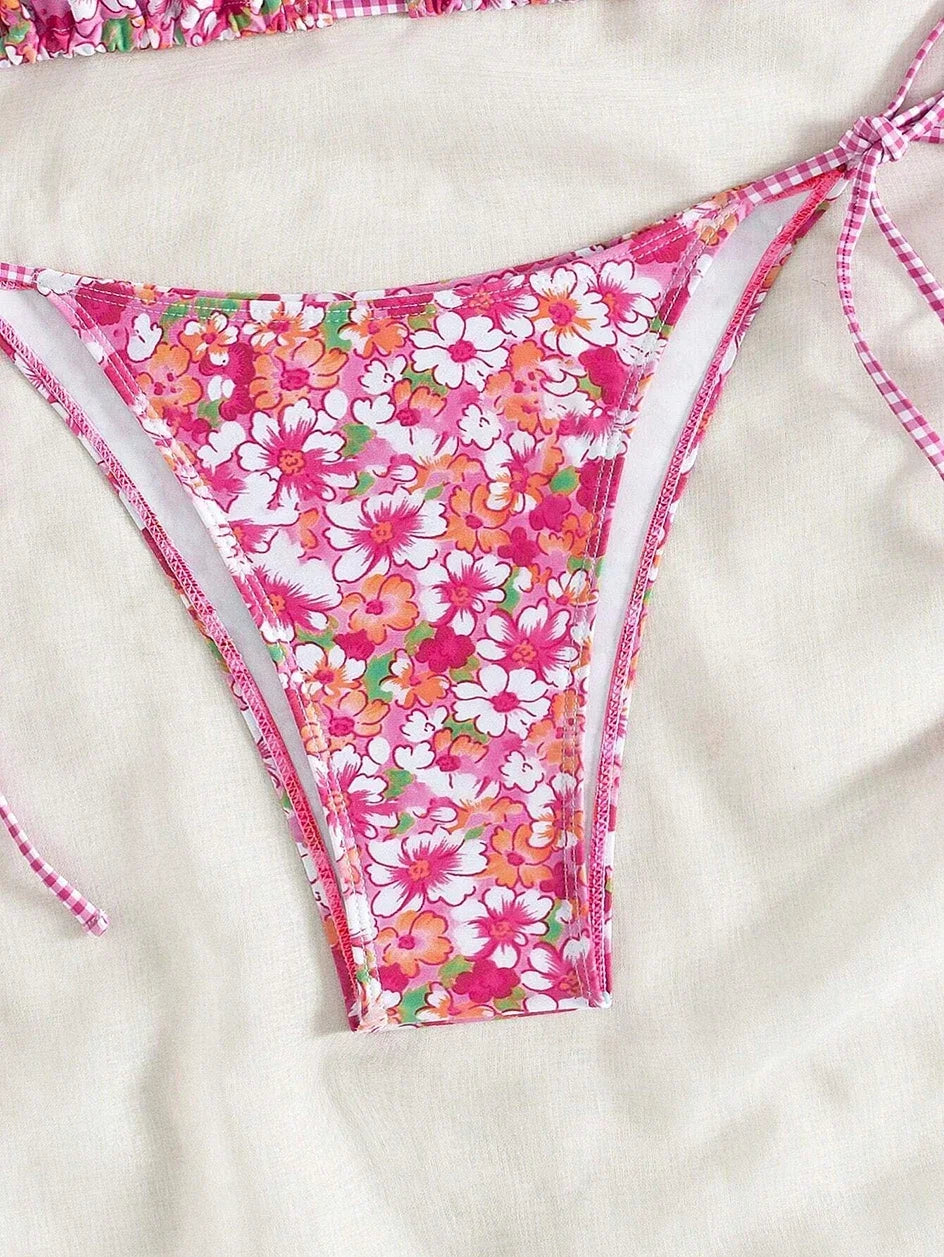 Swimsuit 2025 Female Micro Bikini Women Swimwear Summer Beachwear Women's Bathing Suit Floral Print Neck Halter Thong Bikini Set