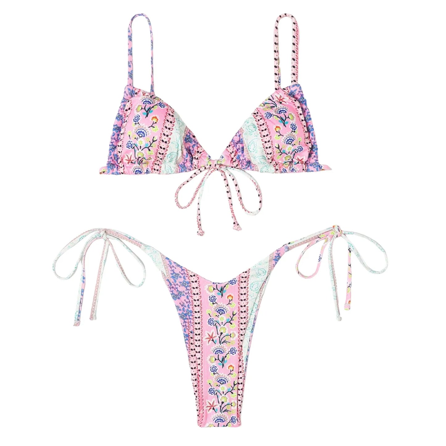 Sexy Bikini Suits Women Vintage Print Low Waist Thin Strap Lace Up Split Swimwear Women Adjustable Size Swim Suits Sexy Lingerie