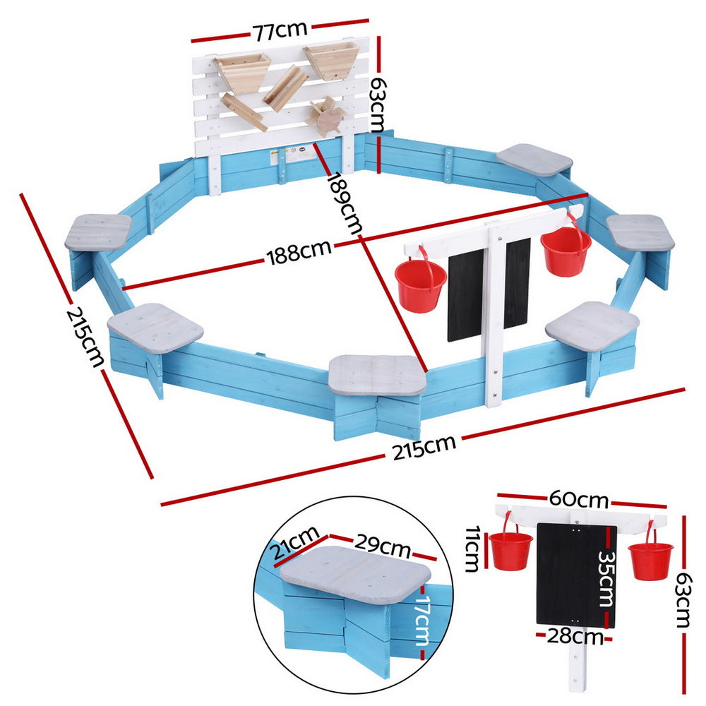Keezi Kids Sandpit Wooden Round Sand Pit Funnel Bench Seat Beach Toys 215cm
