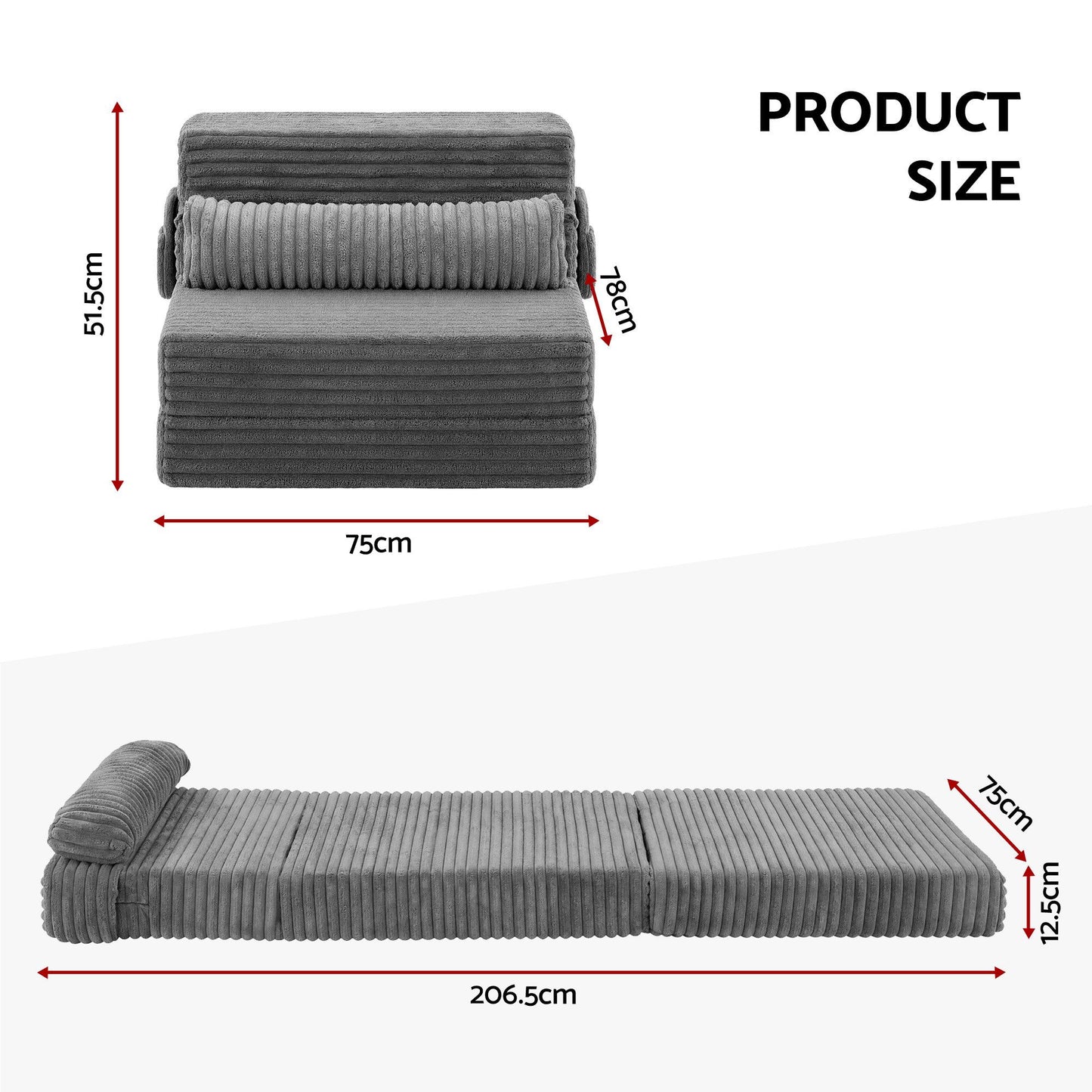 Artiss 3-in-1 Folding Sofa Bed Armless Lounger Chair with Side Pocket and Pillow