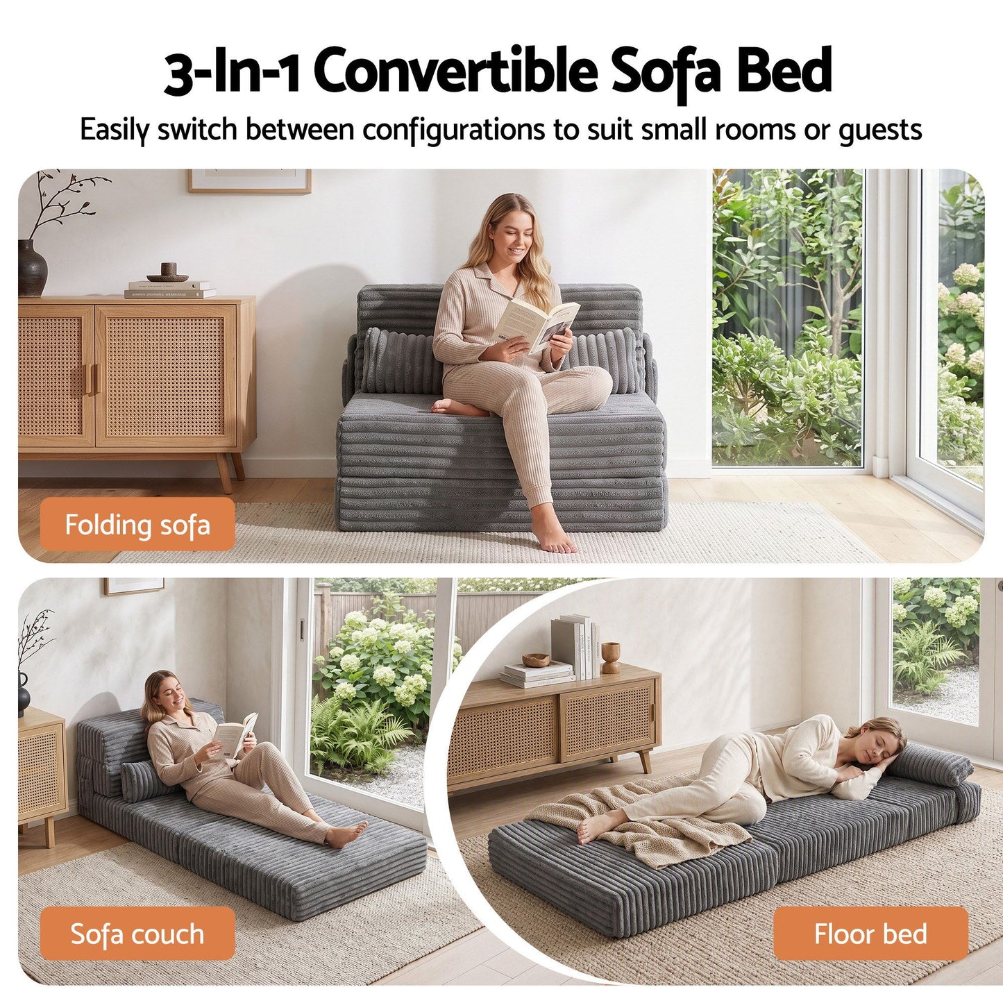 Artiss 3-in-1 Folding Sofa Bed Armless Lounger Chair with Side Pocket and Pillow