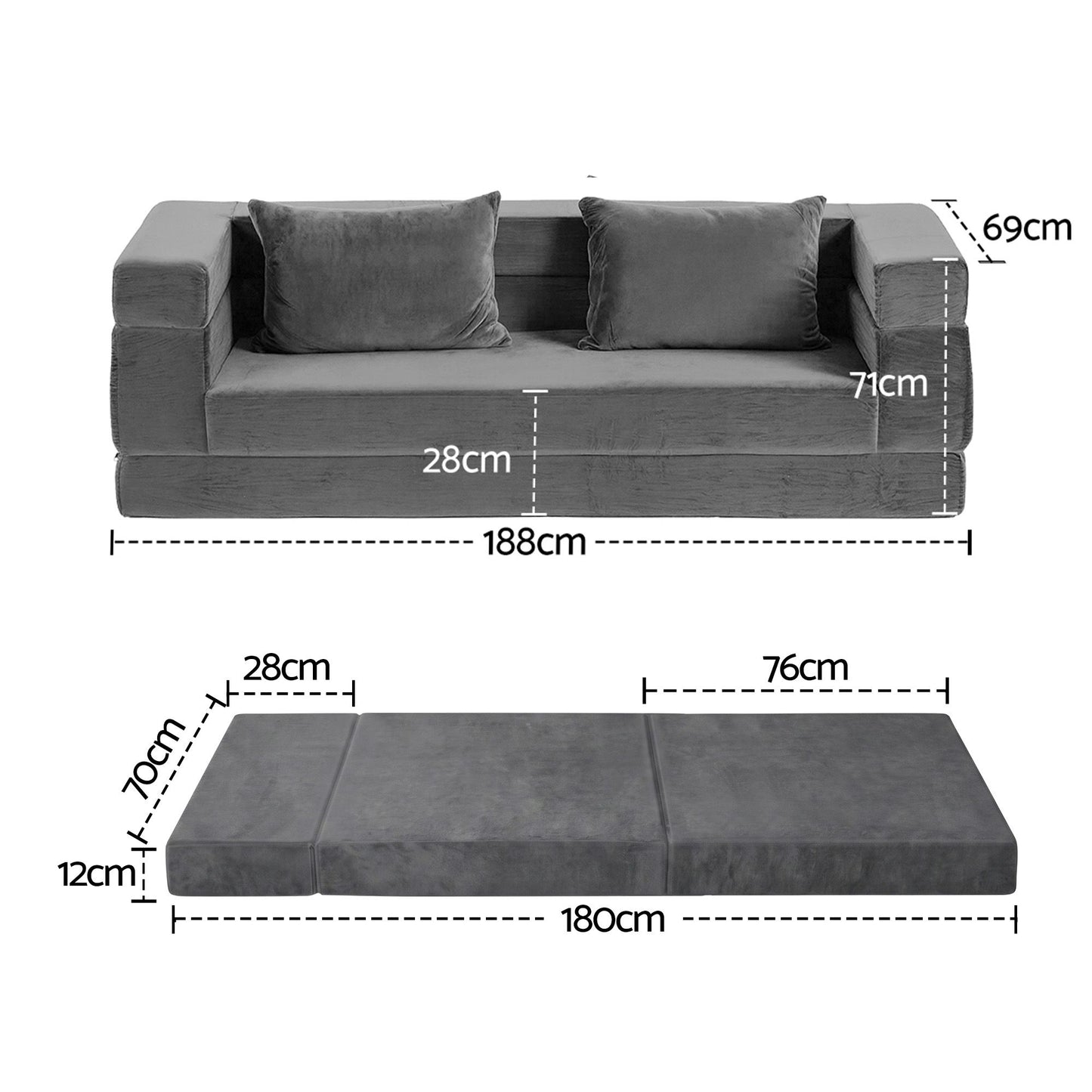 Artiss 3-in-1 Convertible Sofa Bed with Folding Mattress Velvet Foam Chair 300KG