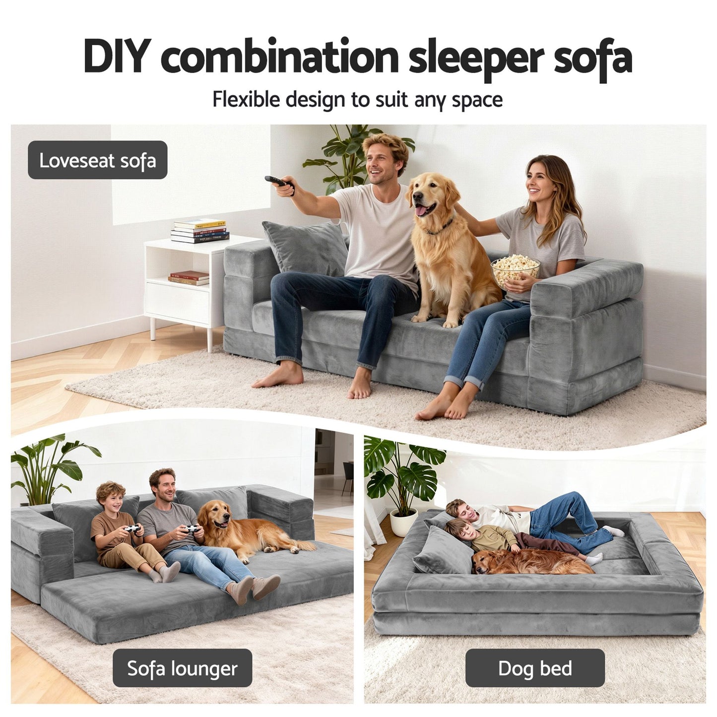 Artiss 3-in-1 Convertible Sofa Bed with Folding Mattress Velvet Foam Chair 300KG