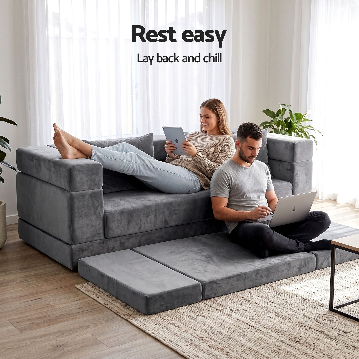 Artiss 3-in-1 Convertible Sofa Bed with Folding Mattress Velvet Foam Chair 300KG
