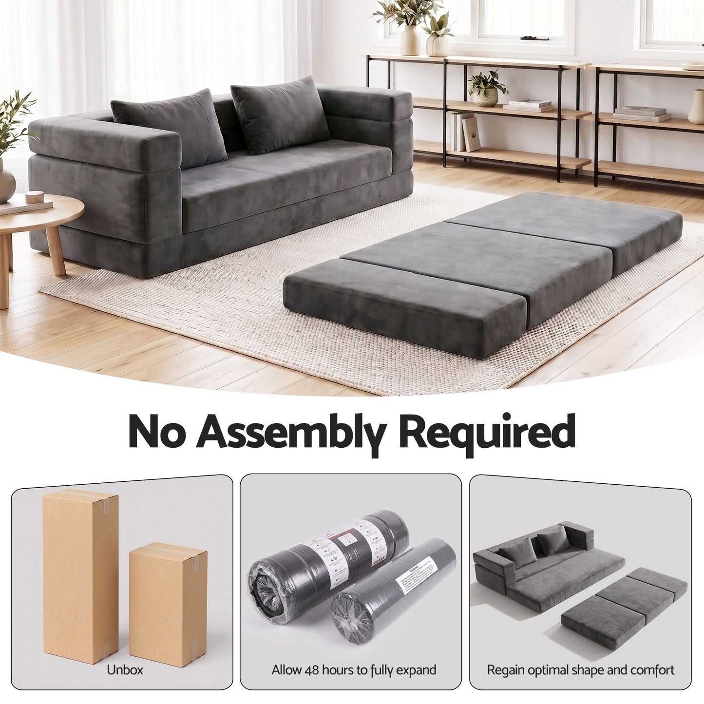 Artiss 3-in-1 Convertible Sofa Bed with Folding Mattress Velvet Foam Chair 300KG