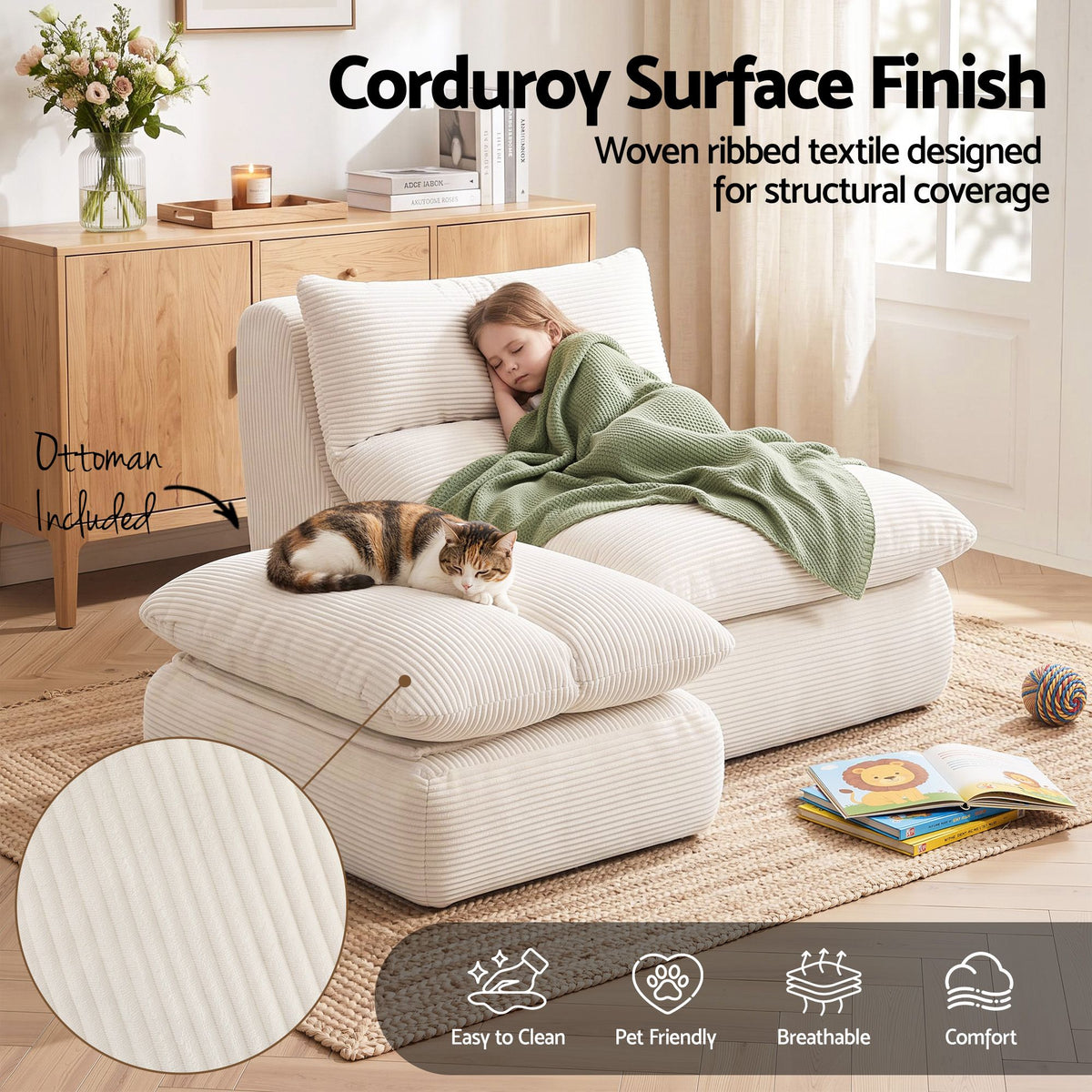 Artiss Lounge Chair Ottoman Single Sofa Couch Boneless Corduroy Chaise Footrest