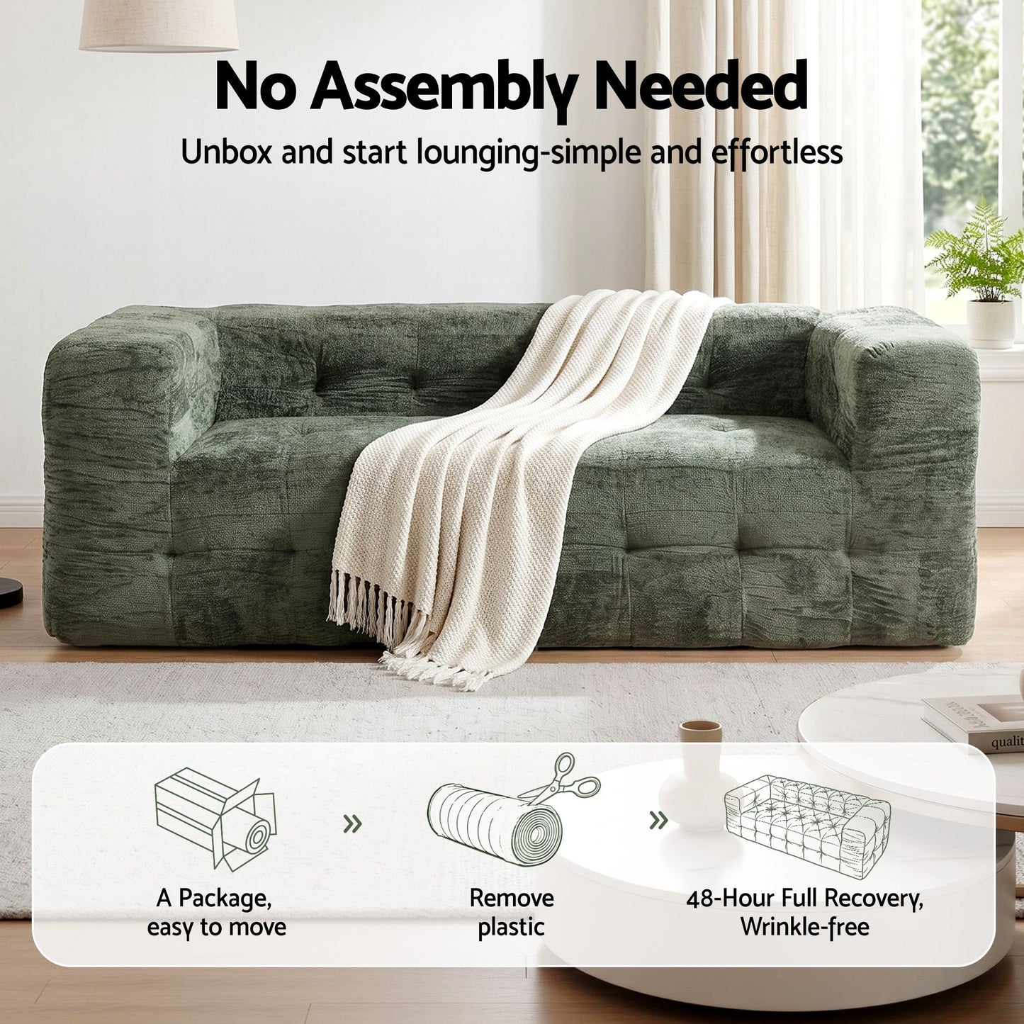 Artiss Comfort Boneless Sofa for Living Room Green Luxury Chenille