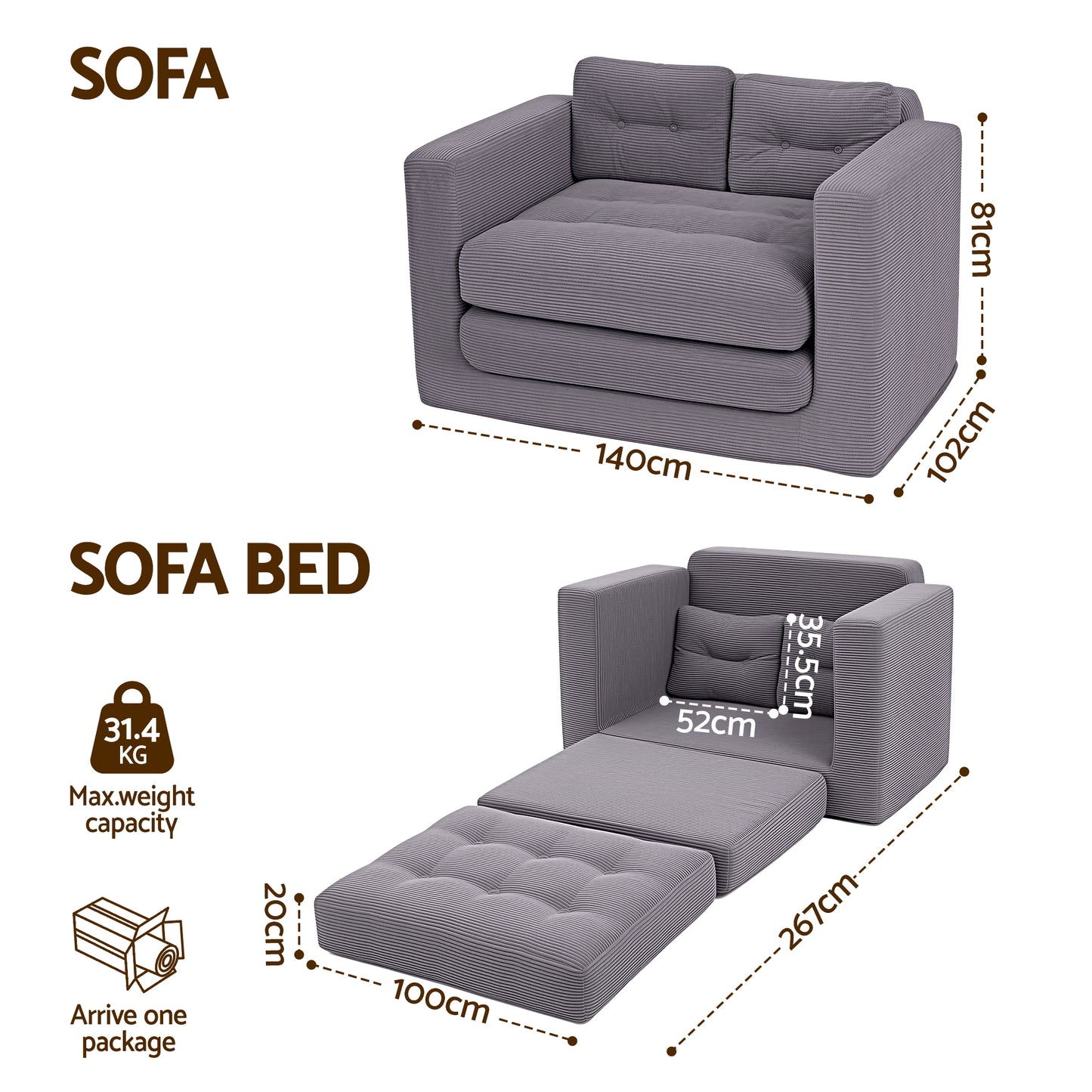 Artiss 2 Seater Corduroy Convertible Sofa Bed Pull Out Boneless Couch Grey