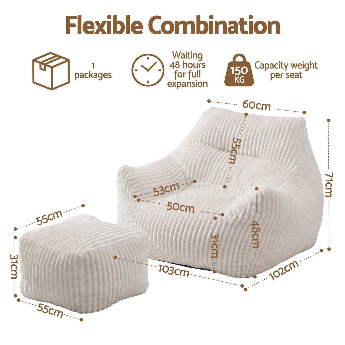 Artiss Bean Bag Sofa w/Ottoman Corduroy for Adults Teens White