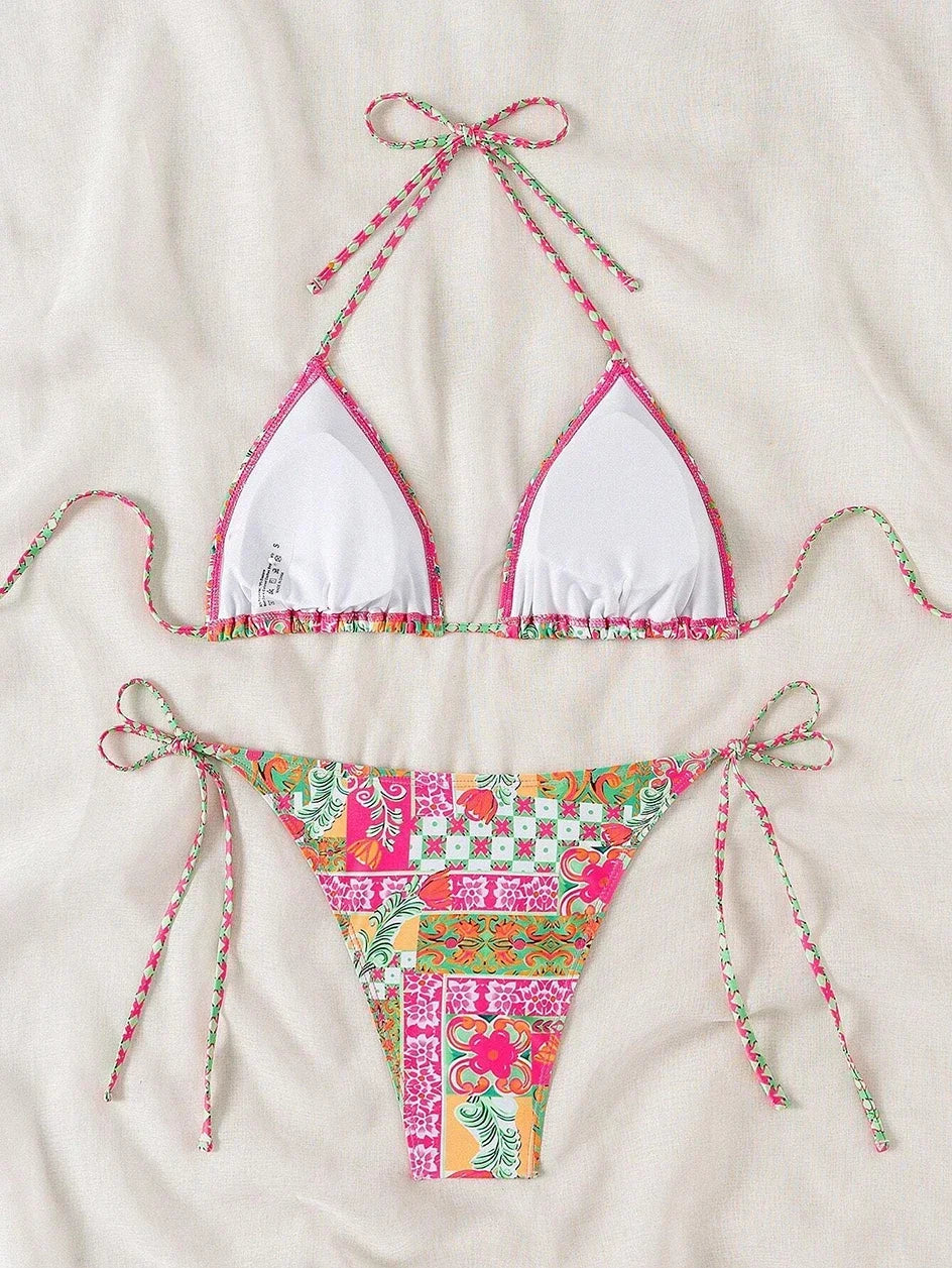 Swimsuit 2025 Female Micro Bikini Women Swimwear Summer Beachwear Women's Bathing Suit Floral Print Neck Halter Thong Bikini Set