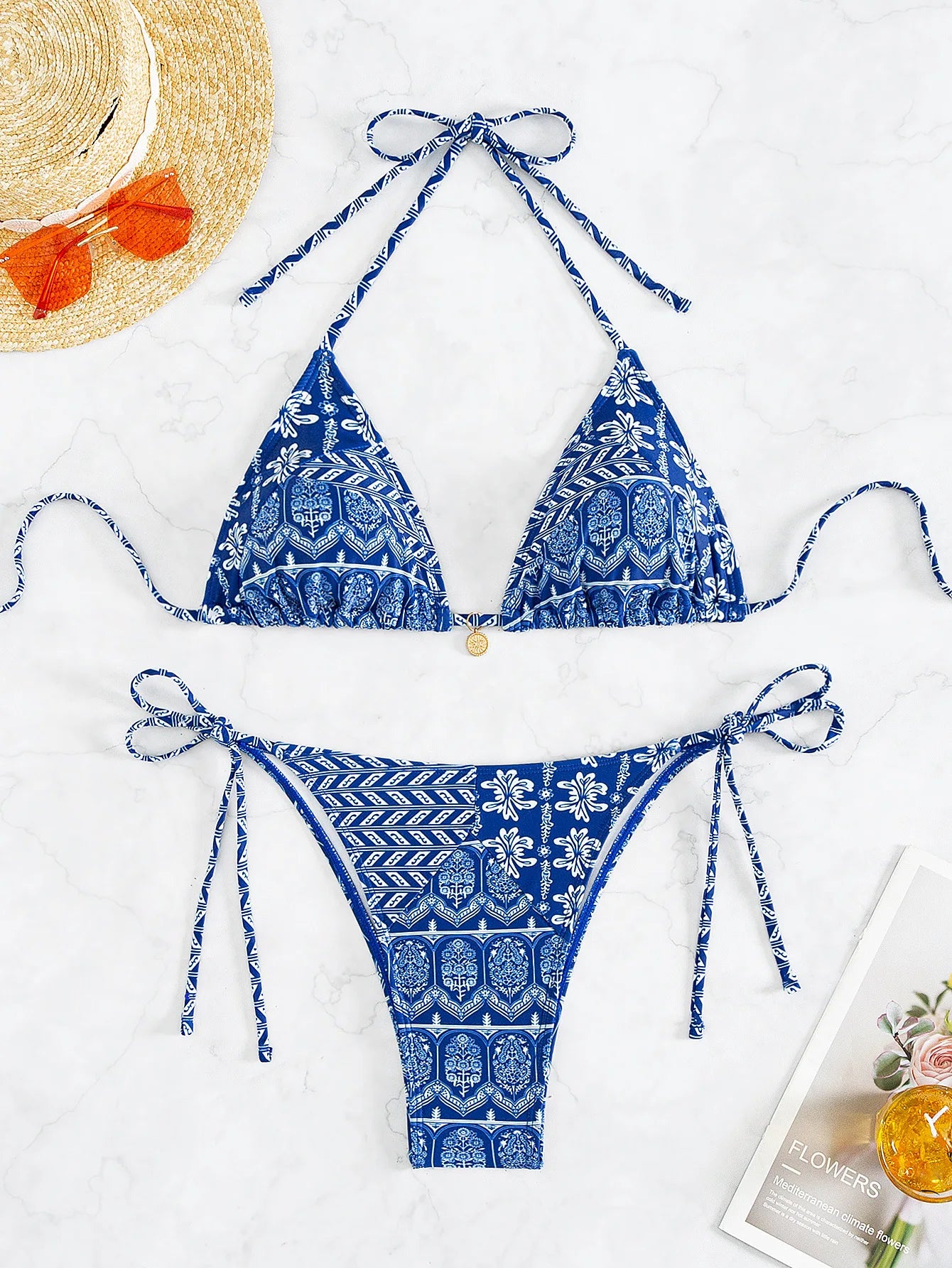 Summer Swimwear Women Sexy Backless Swimsuit 2 PCS Bikini Set Laced Up Split Bathing suit Low Waist Binding Strap Beach Bikini