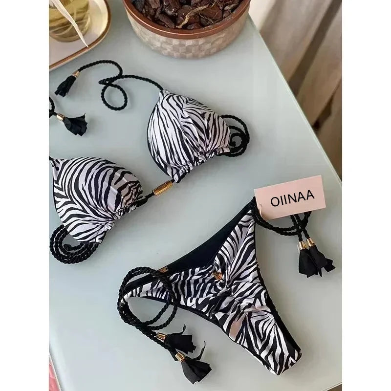 Swimsuit Women Bikinis Set Sexy Drawstring Bikini Beachwear Leopard Two-pieces Swimwear Bathing Suit Lace Up Bikini Set