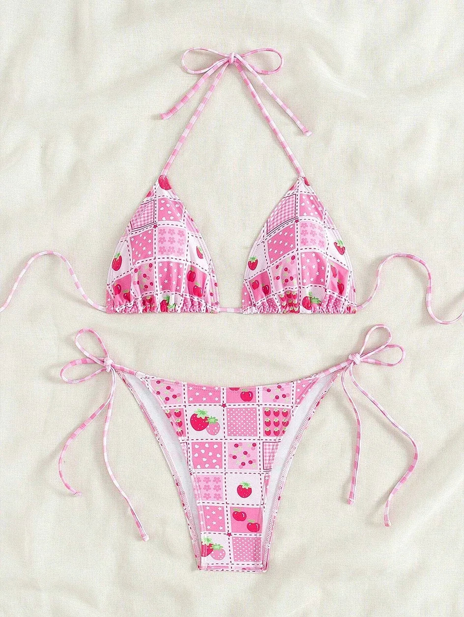 Swimsuit 2025 Female Micro Bikini Women Swimwear Summer Beachwear Women's Bathing Suit Floral Print Neck Halter Thong Bikini Set
