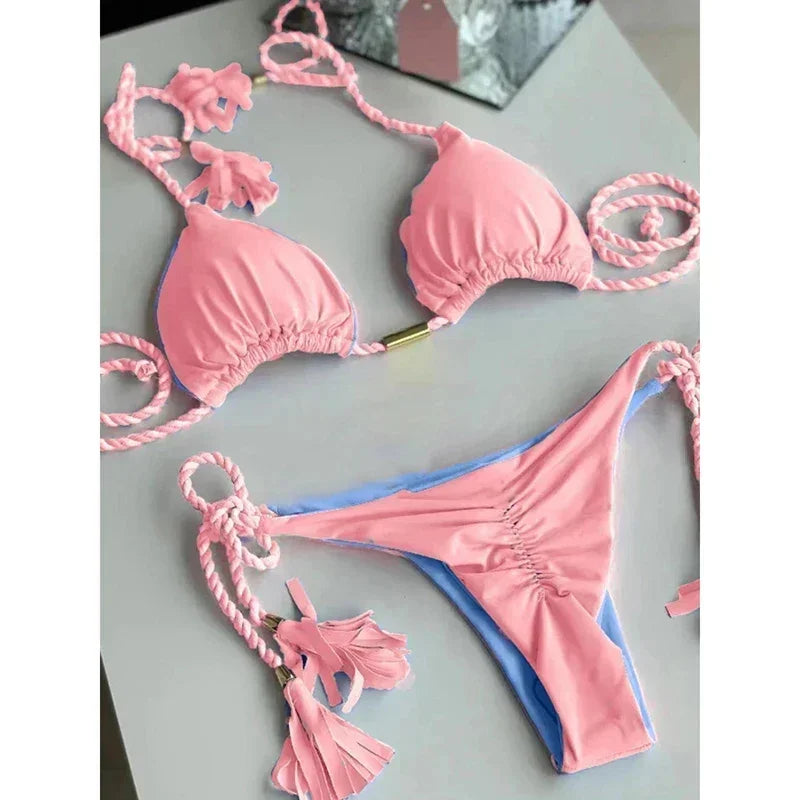 Swimsuit Women Bikinis Set Sexy Drawstring Bikini Beachwear Leopard Two-pieces Swimwear Bathing Suit Lace Up Bikini Set