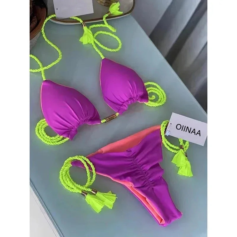 Swimsuit Women Bikinis Set Sexy Drawstring Bikini Beachwear Leopard Two-pieces Swimwear Bathing Suit Lace Up Bikini Set