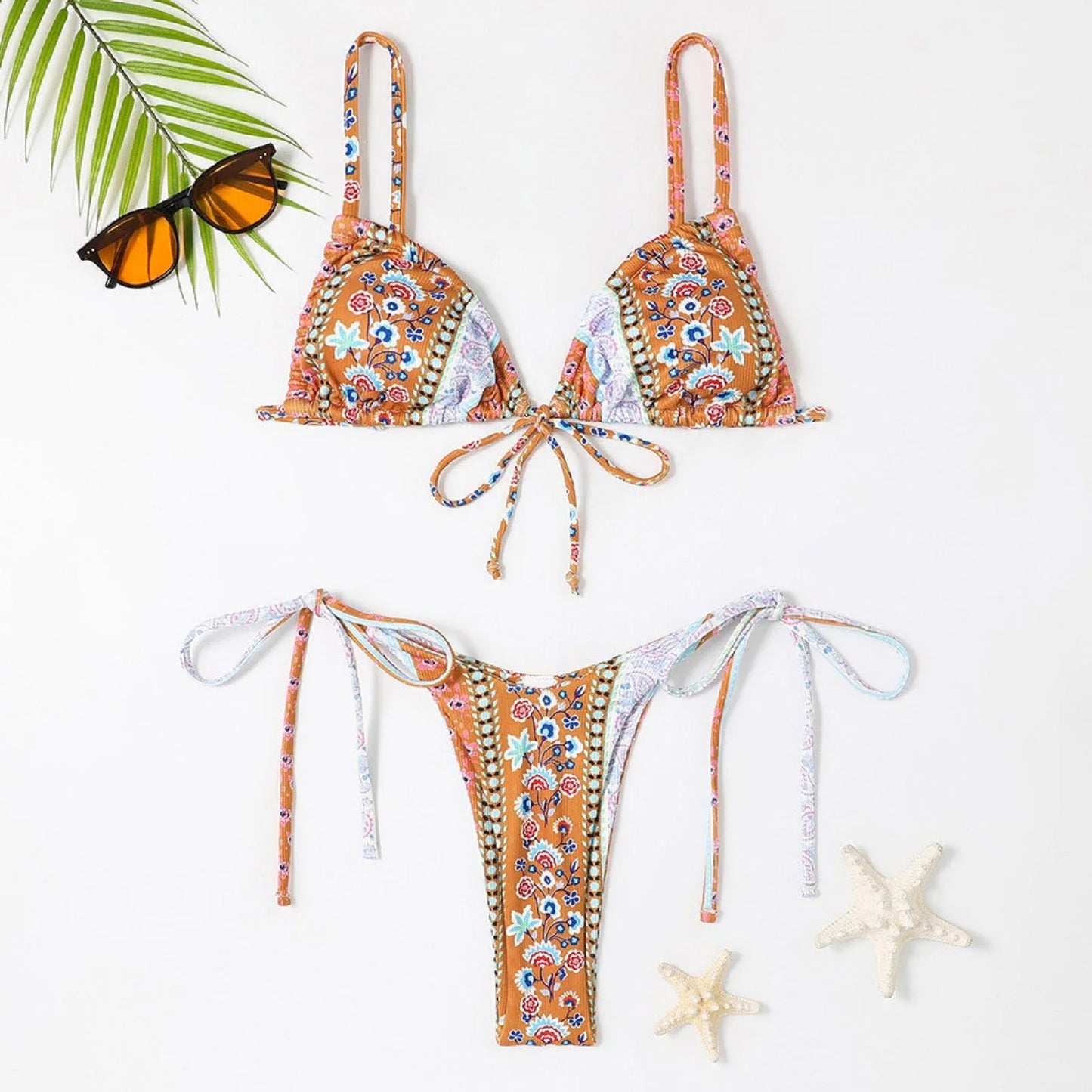 Sexy Bikini Suits Women Vintage Print Low Waist Thin Strap Lace Up Split Swimwear Women Adjustable Size Swim Suits Sexy Lingerie