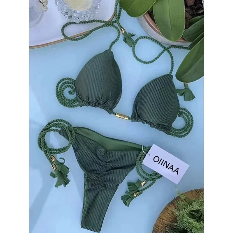 Swimsuit Women Bikinis Set Sexy Drawstring Bikini Beachwear Leopard Two-pieces Swimwear Bathing Suit Lace Up Bikini Set