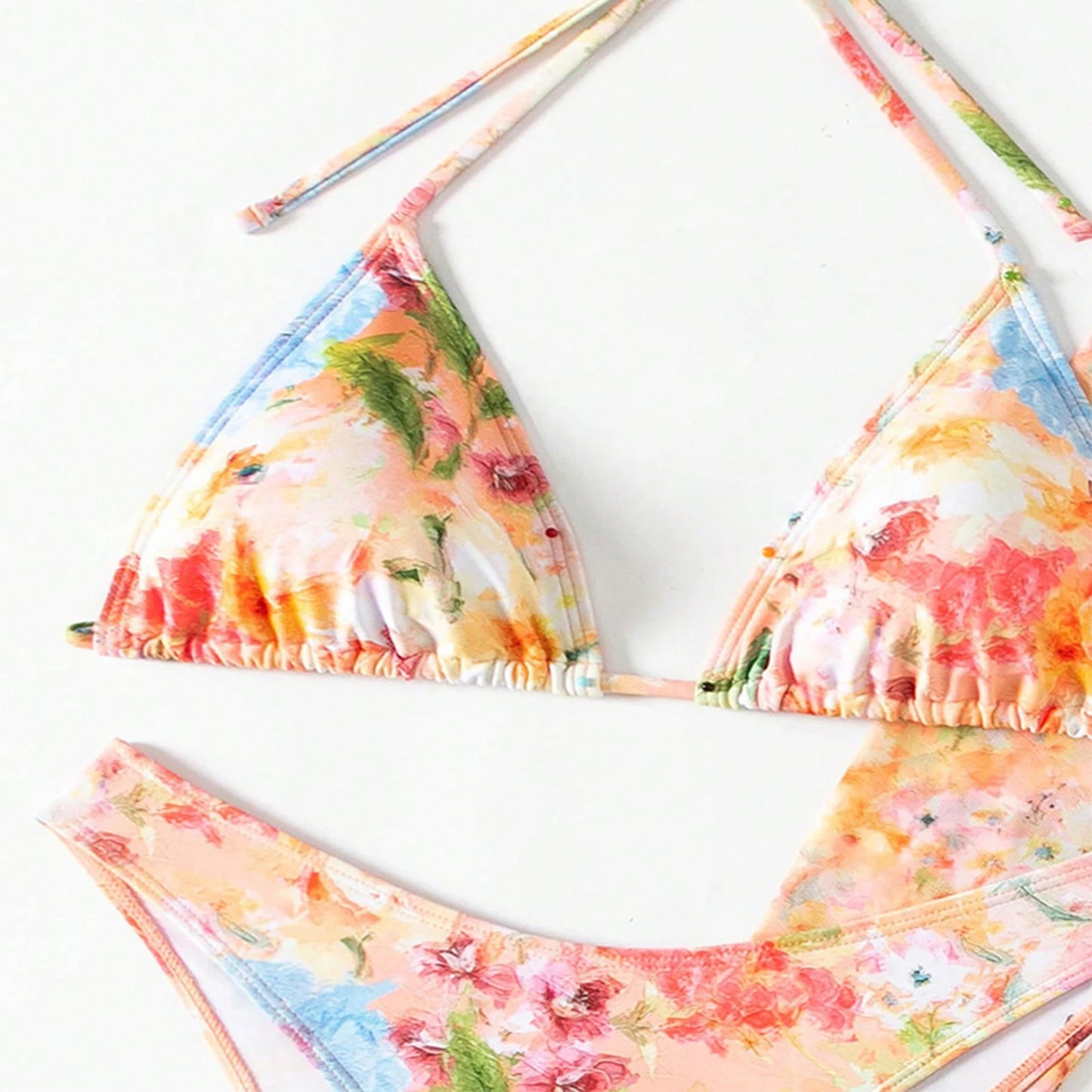 2025 Women's Summer Bikini 4 Pcs Set Floral Print Halter Bra with Low Waist Thong Long Sleeve Crop Tops Skirt Swimsuit