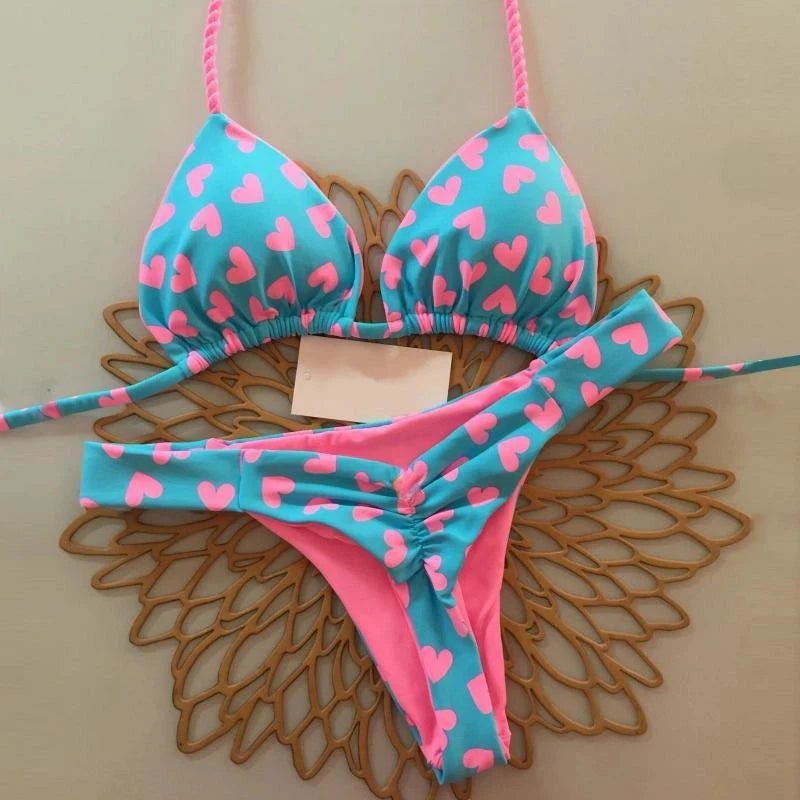 New Multicolor Printed Strap Split Swimsuit Sexy G-string Bikini