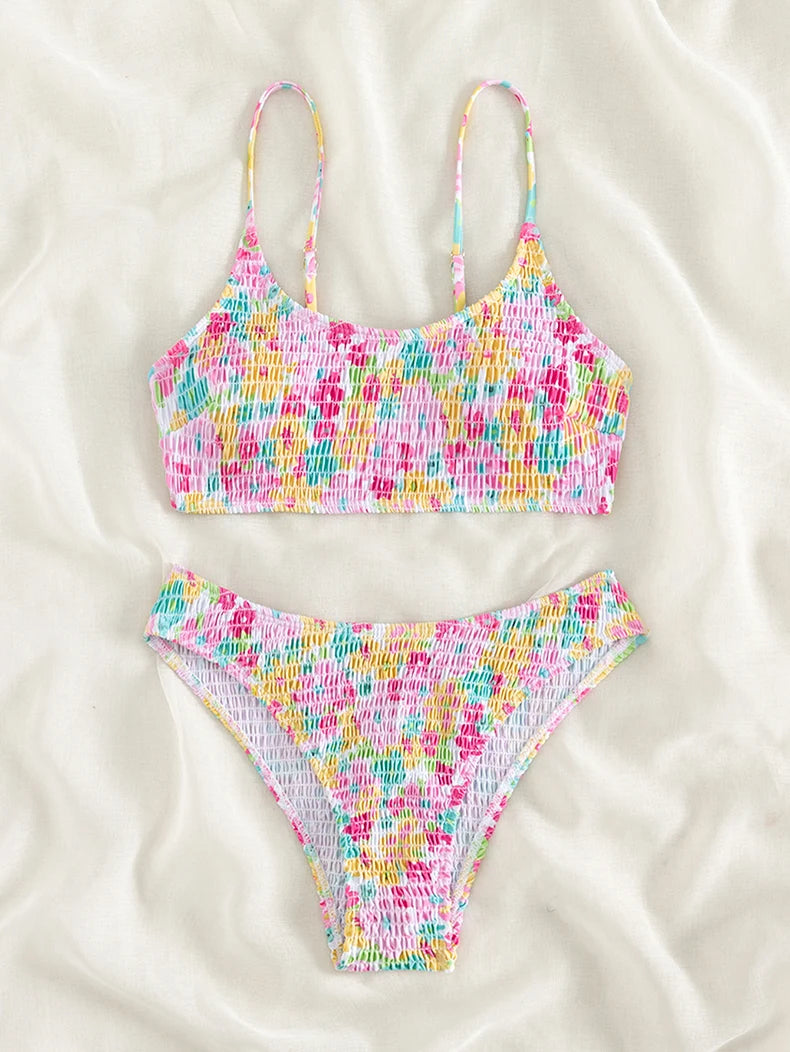 Sexy Pink Floral Print Bikini Set 2026 Women Halter Pleate Push Up High Waist Swimsuit Brazilian Bathing Suit Two Piece Swimwear