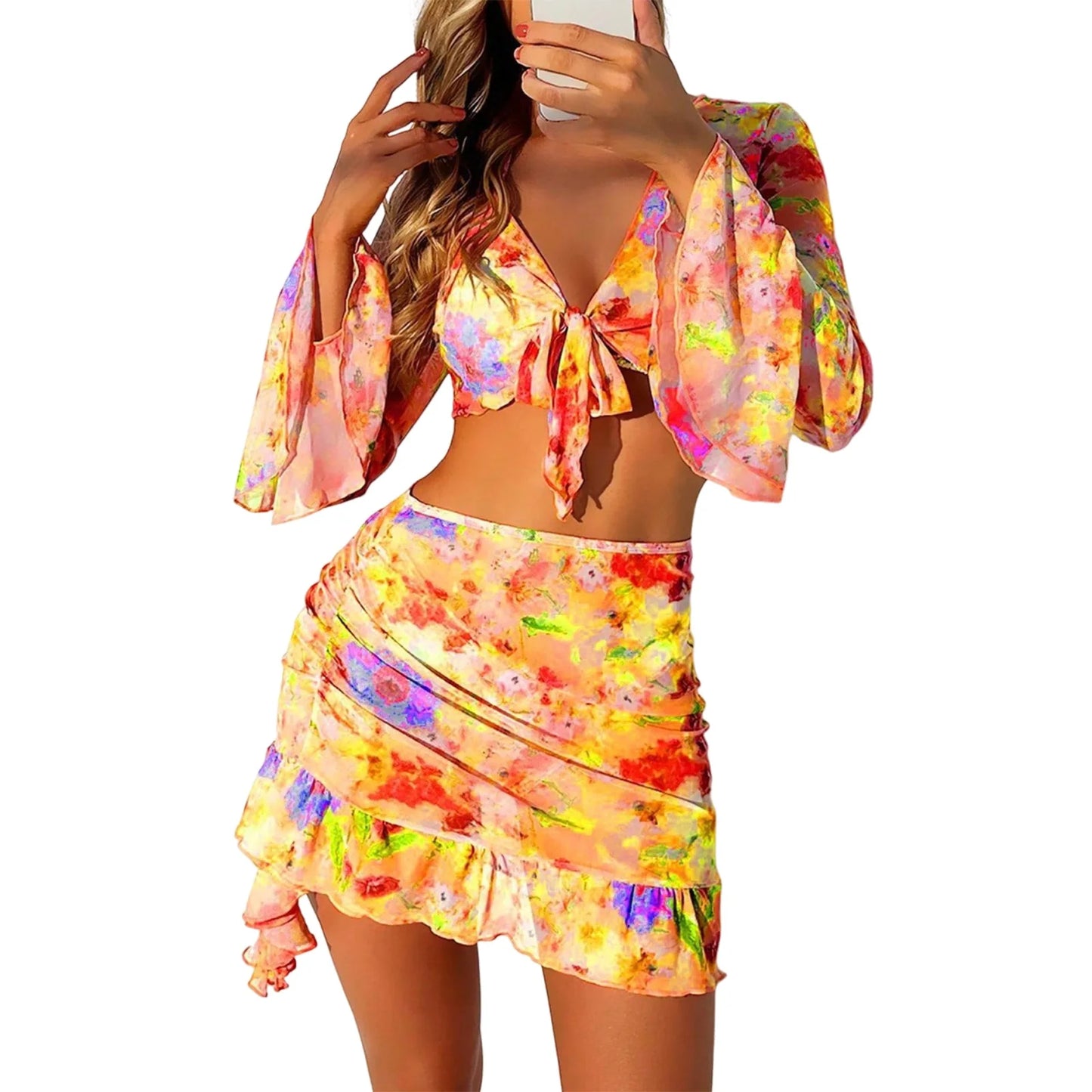 2025 Women's Summer Bikini 4 Pcs Set Floral Print Halter Bra with Low Waist Thong Long Sleeve Crop Tops Skirt Swimsuit