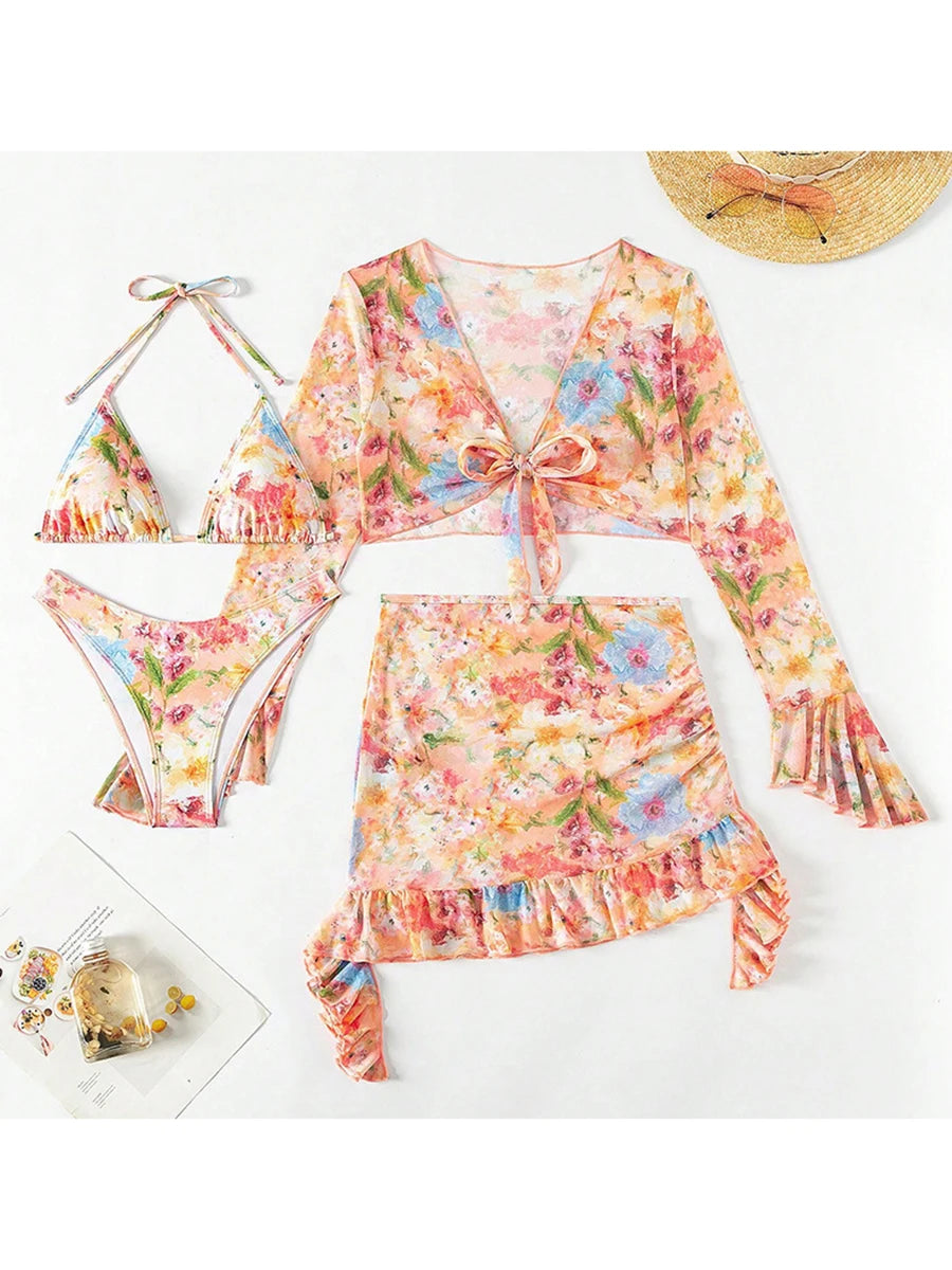 2025 Women's Summer Bikini 4 Pcs Set Floral Print Halter Bra with Low Waist Thong Long Sleeve Crop Tops Skirt Swimsuit