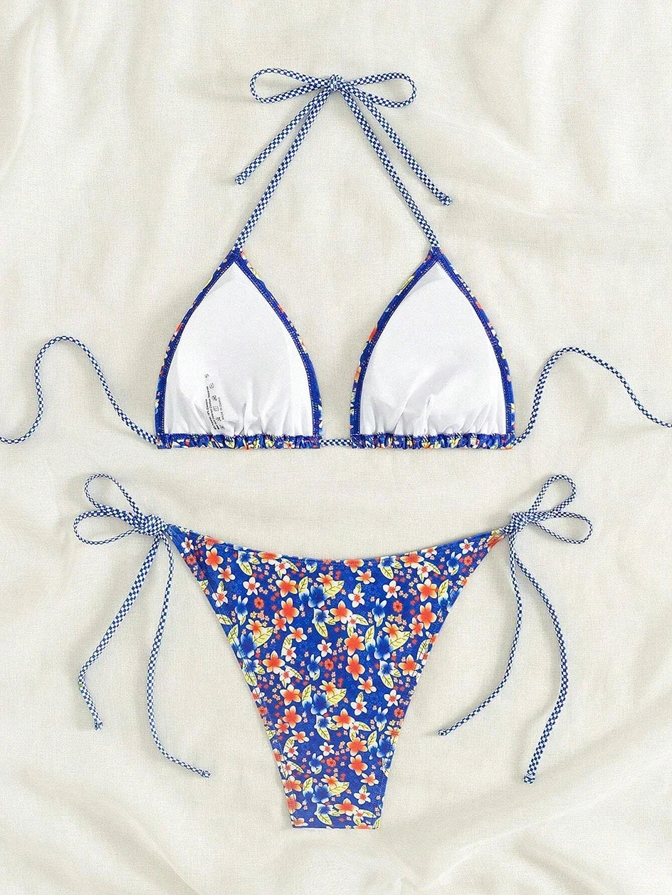 Swimsuit 2025 Female Micro Bikini Women Swimwear Summer Beachwear Women's Bathing Suit Floral Print Neck Halter Thong Bikini Set