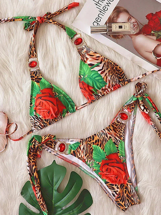 Sexy Leopard Crystal Diamond Bikini 2025 Women Swimsuit Female Halter Swimwear Two Pieces Bikini set Brazilian Bathing Suit Swim