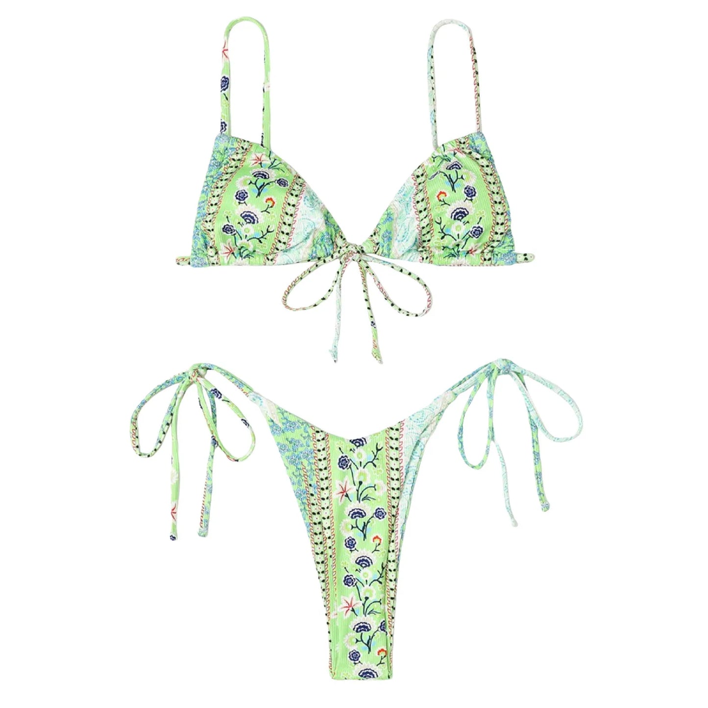 Sexy Bikini Suits Women Vintage Print Low Waist Thin Strap Lace Up Split Swimwear Women Adjustable Size Swim Suits Sexy Lingerie