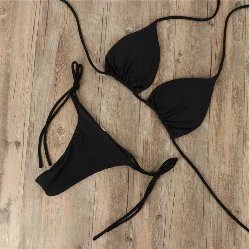 Summer Sexy Solid Bikini Sets Women Tie Side G-String Thong Swimsuit Female Bandage Bathing Suit Brazilian Swimwear Biquini
