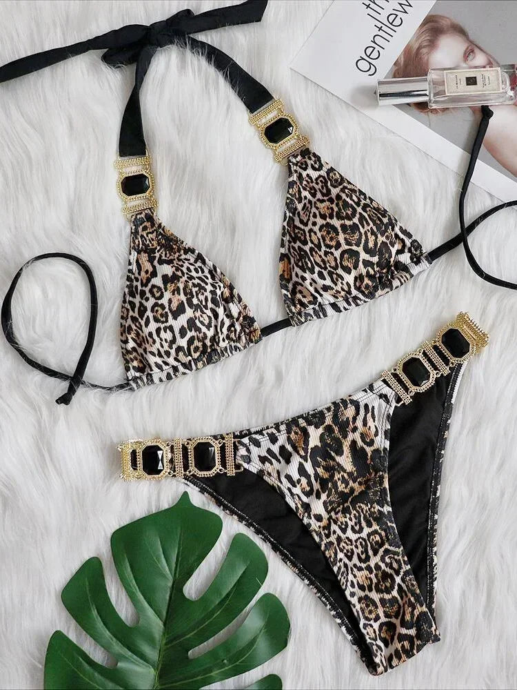 Sexy Leopard Crystal Diamond Bikini 2025 Women Swimsuit Female Halter Swimwear Two Pieces Bikini set Brazilian Bathing Suit Swim