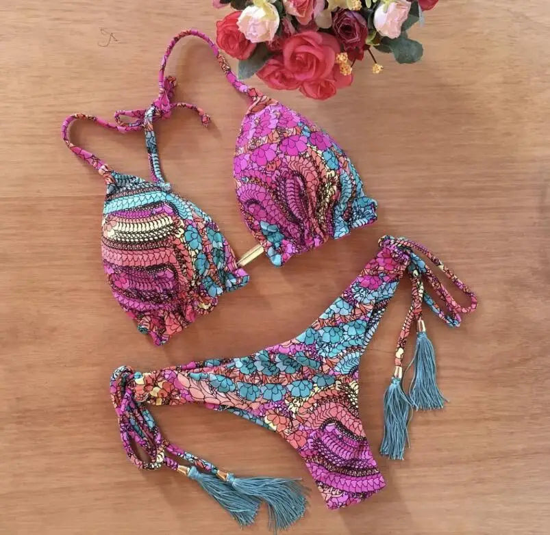 brazilian lace up push up bikini set micro swimwear designer tassels swimsuit beachwear outfit bathing suit women