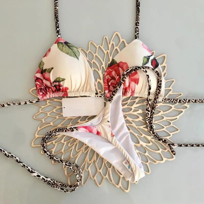 New Multicolor Printed Strap Split Swimsuit Sexy G-string Bikini