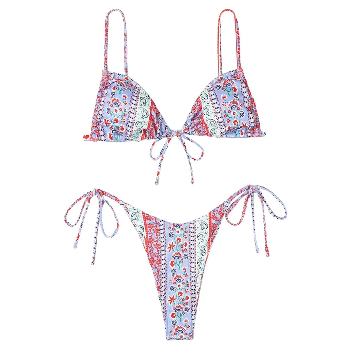 Sexy Bikini Suits Women Vintage Print Low Waist Thin Strap Lace Up Split Swimwear Women Adjustable Size Swim Suits Sexy Lingerie