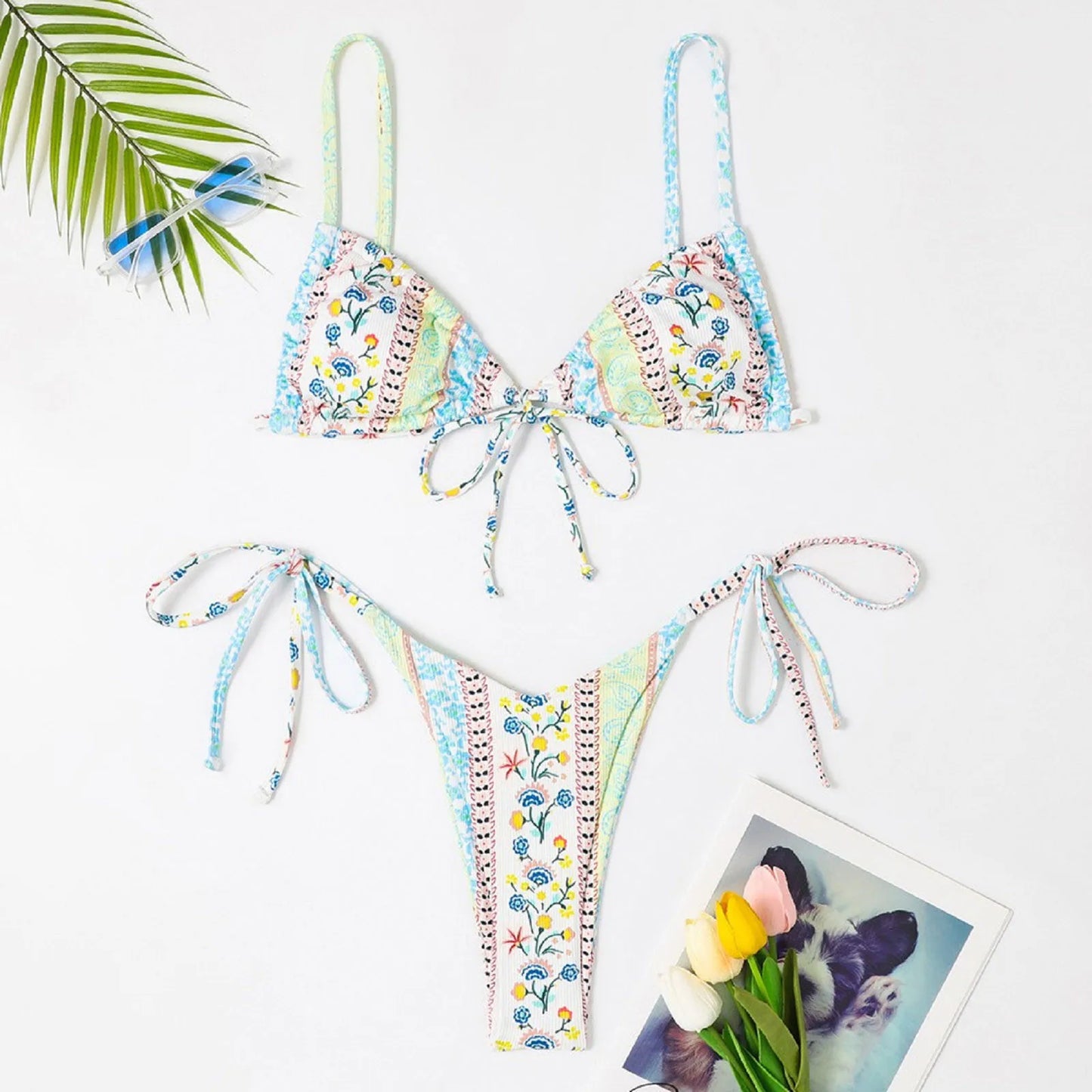 Sexy Bikini Suits Women Vintage Print Low Waist Thin Strap Lace Up Split Swimwear Women Adjustable Size Swim Suits Sexy Lingerie