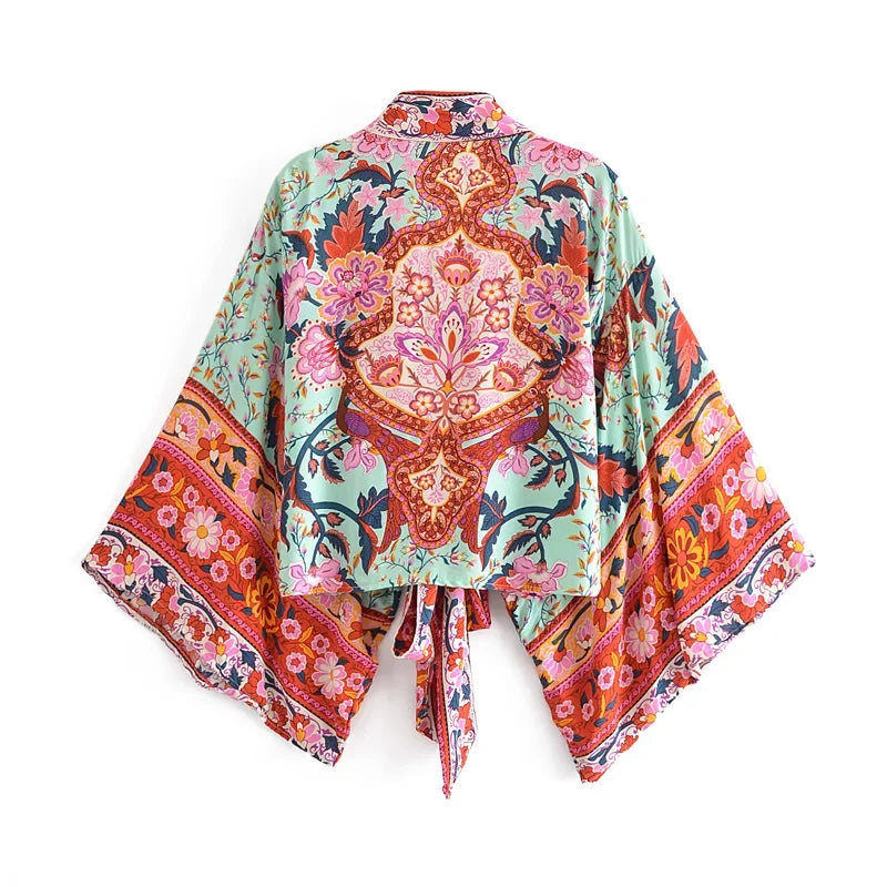 Boho Queens Vintage  Floral Print Sashes Short  Kimono Women New Fashion V Neck Batwing Sleeves Ladies Beach Robe Cover-ups