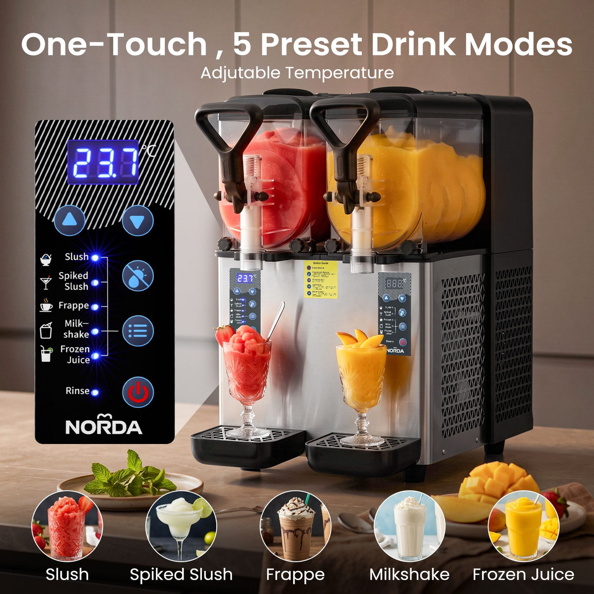 NORDA Slushie Machine 2x4L Tank Commercial Frozen Drink Maker 5 Modes Milkshake