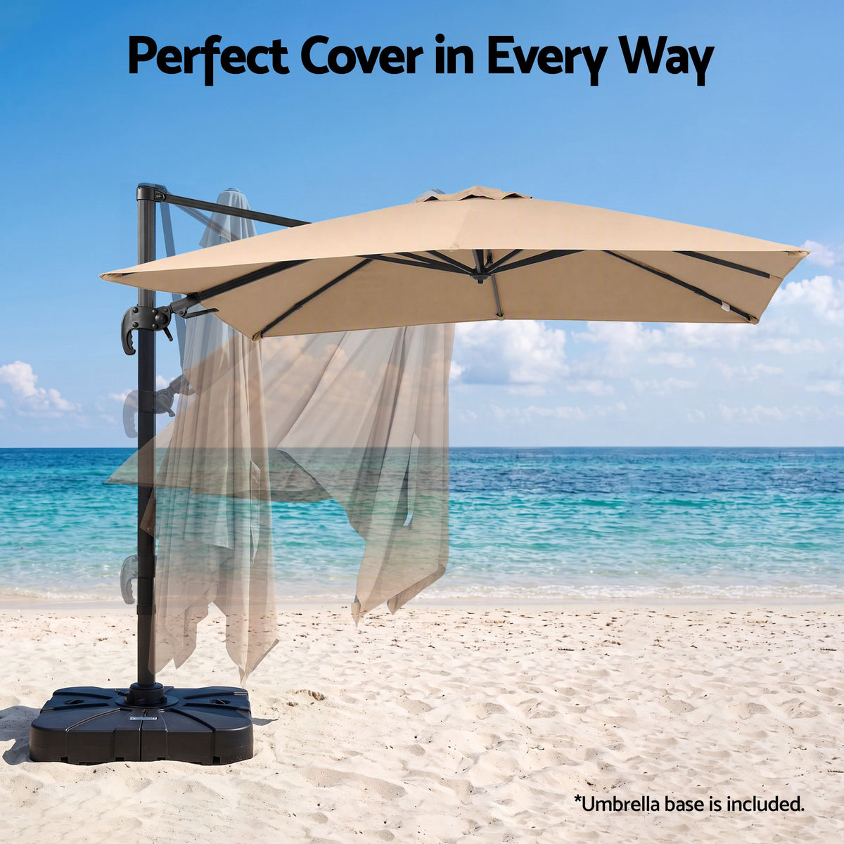 Instahut Outdoor Umbrella w/Base 3m Left-right Tilting Cantilever Patio Parasol Beige