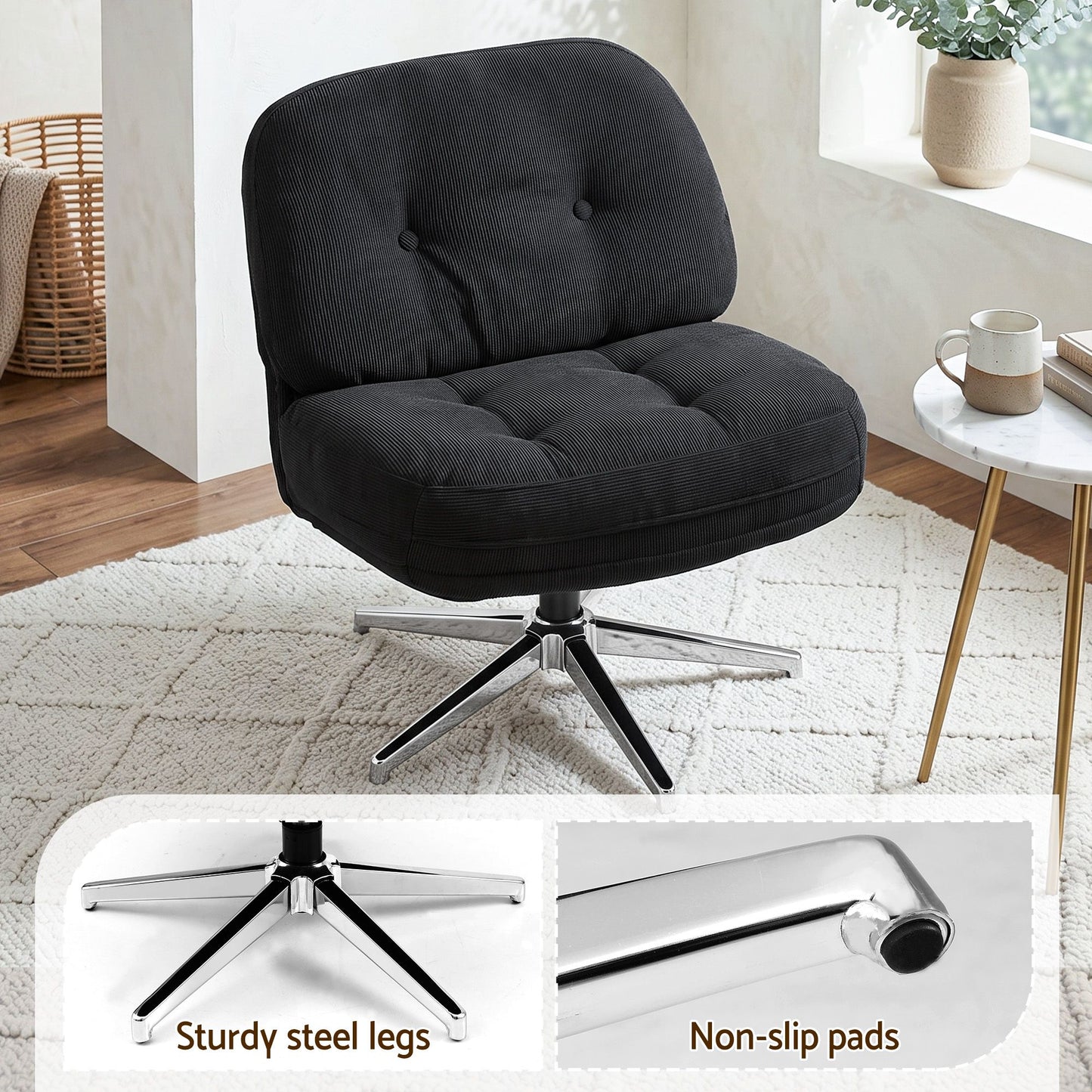 Artiss Swivel Chair Nursing Armchair Lounge Corduroy Steel Star Base Black